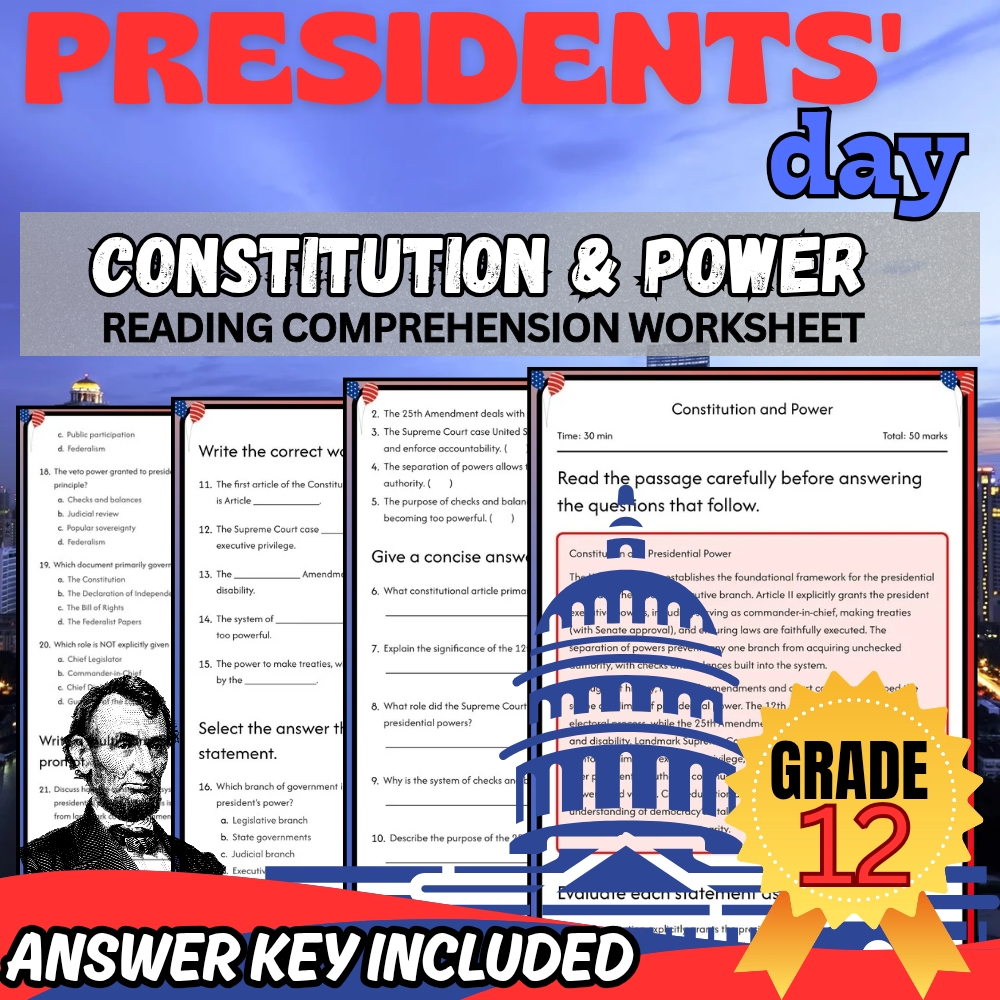 Grade 12 | President Day for Mastering Constitution & Power | PDF + Answer Key