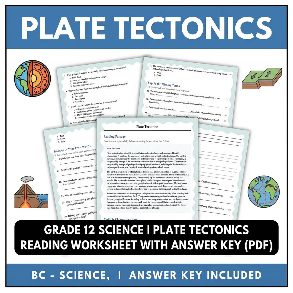 Grade 12 Science | Plate Tectonics Reading Worksheet with Answer Key (PDF)