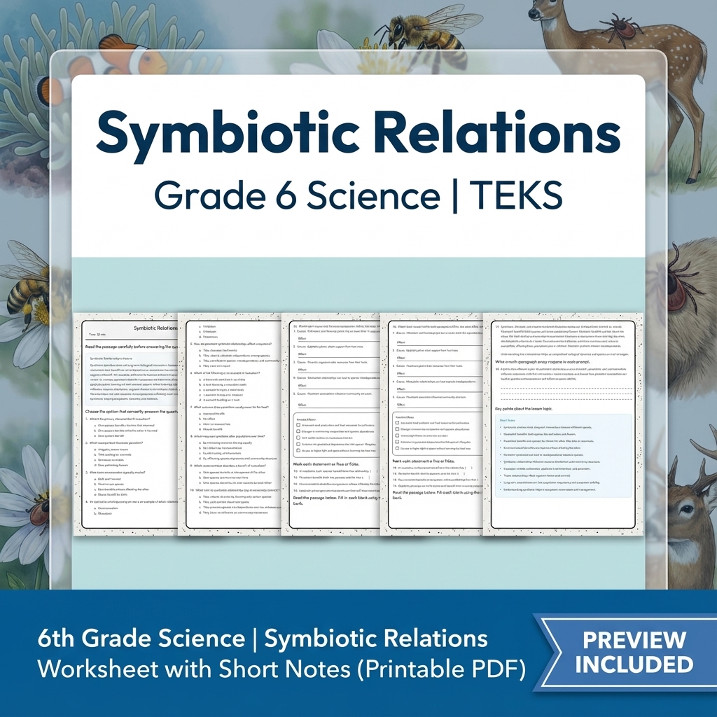 6th Grade Science Symbiotic Relations Worksheet with Short Notes (Printable PDF)