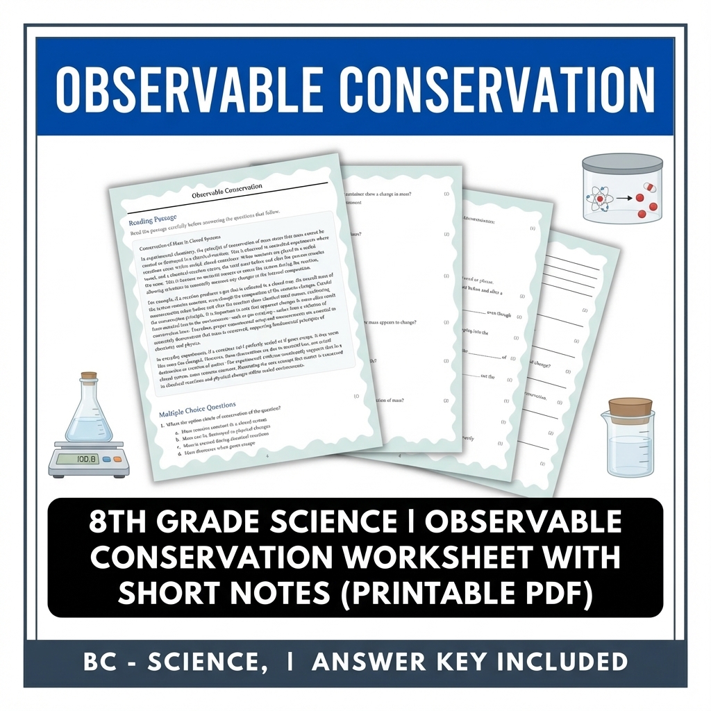 Grade 8 Science | Observable Conservation Reading Worksheet & Answer Key PDF