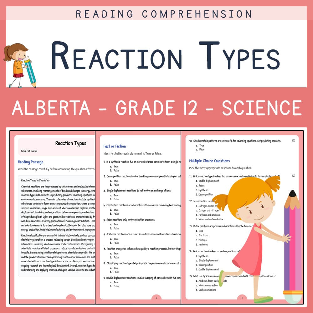 Grade 12 Science worksheet elena worksheet — Grade 12 Science | Reaction Types Worksheet | Alberta Standard — page 1
