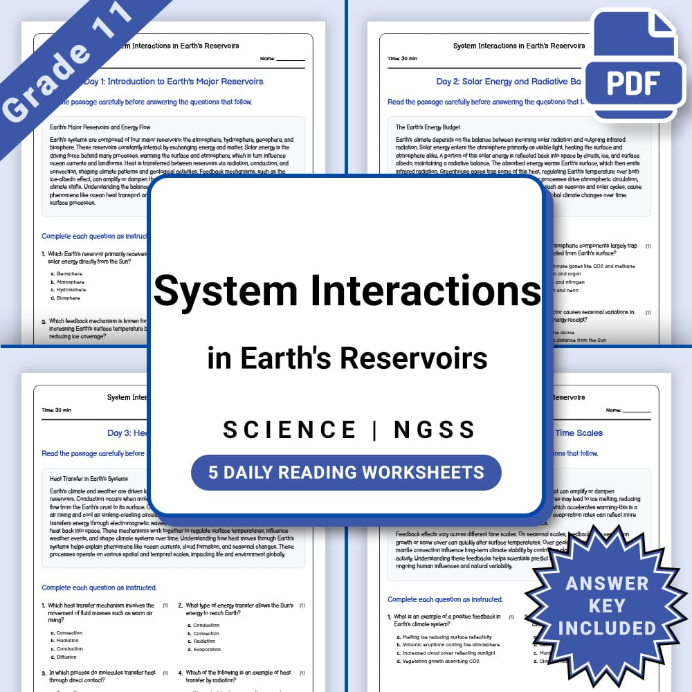 Grade 11 Science daily reading worksheet worksheet — Grade 11 Science – System Interactions in Earth's Reservoirs (PDF +An…