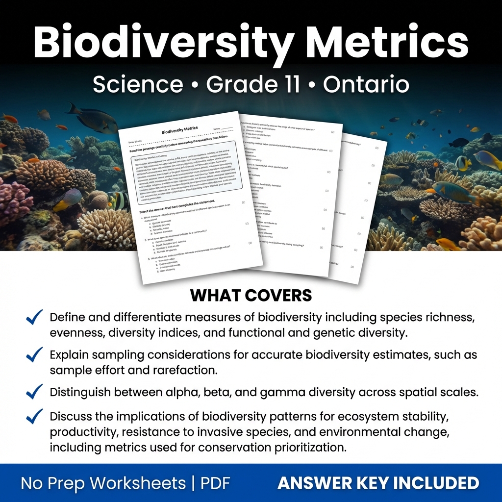 Biodiversity Metrics Worksheet for Grade 11 Science - Ontario Standards
