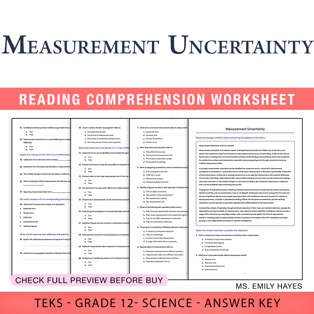 Grade 12 Science worksheet worksheet — Grade 12 Science | Measurement Uncertainty Worksheet (PDF+ Answer Key) — page 1