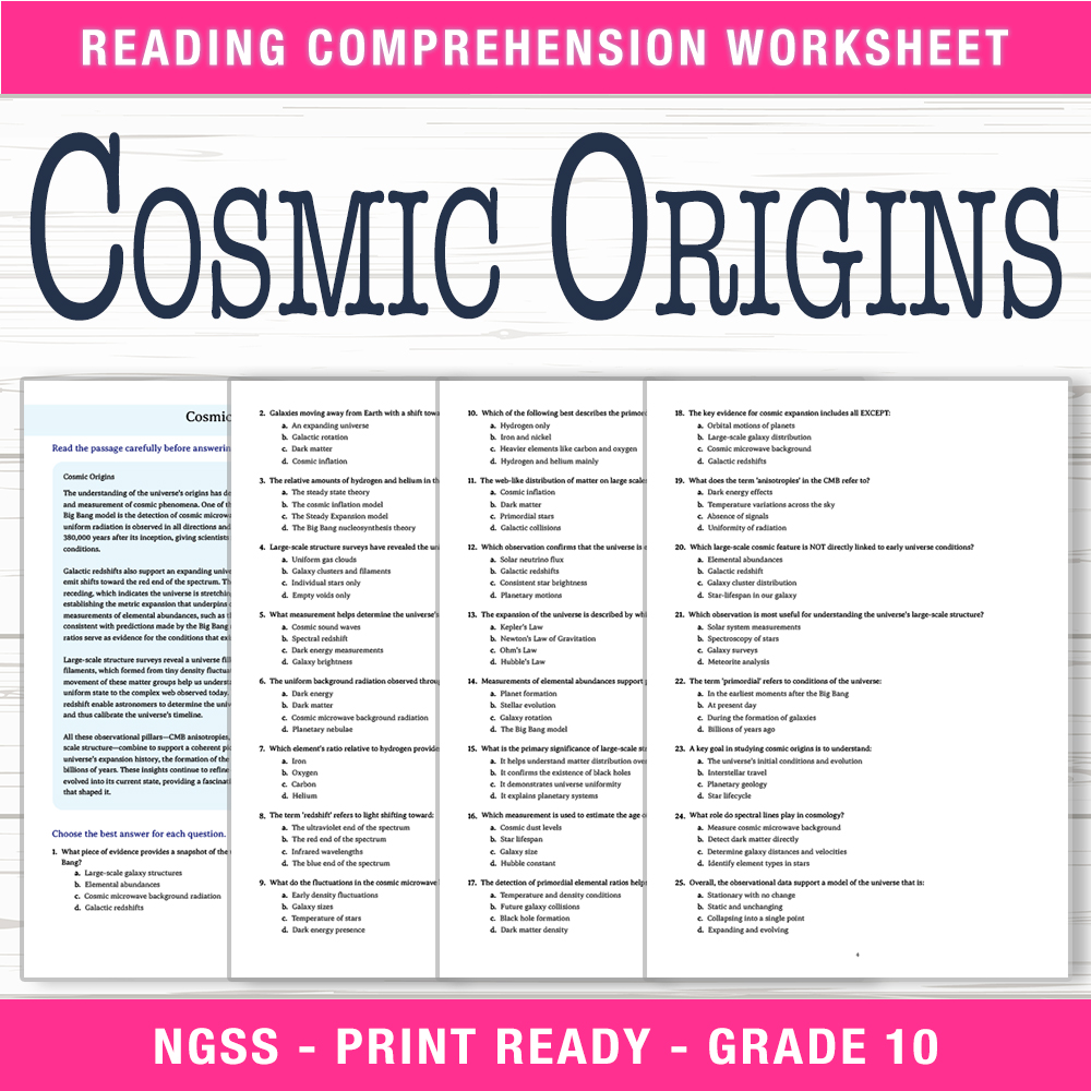 Grade 10 Science worksheet worksheet — Grade 10 Science | Cosmic Origins Worksheet (PDF + Answer Key) — page 1