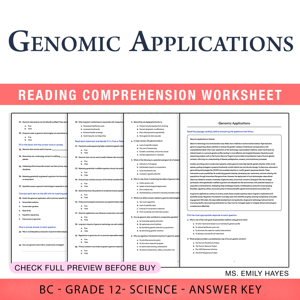 Grade 12 Science worksheet worksheet — Grade 12 Science | Genomic Applications Worksheet (PDF + Answer Key) — page 1