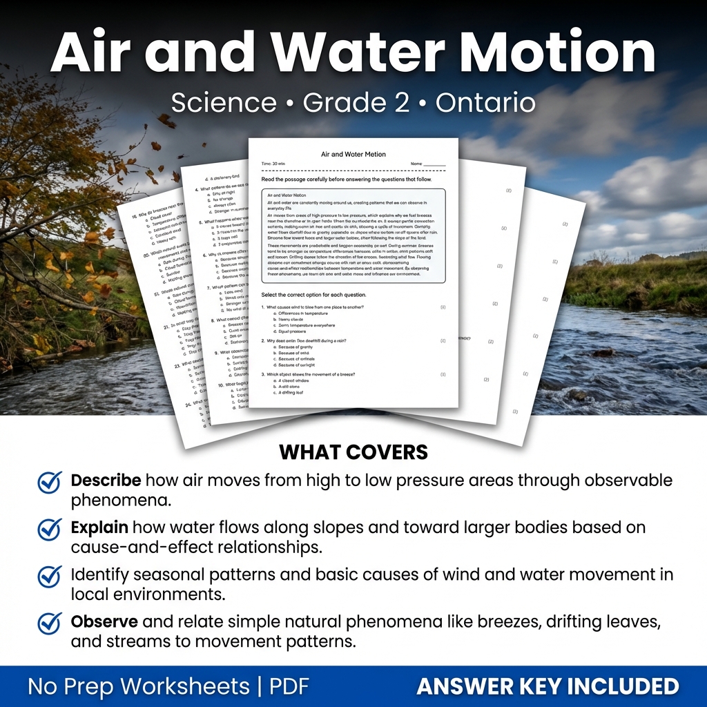 Grade 2 Science Worksheet on Air and Water Motion | Ontario Standards