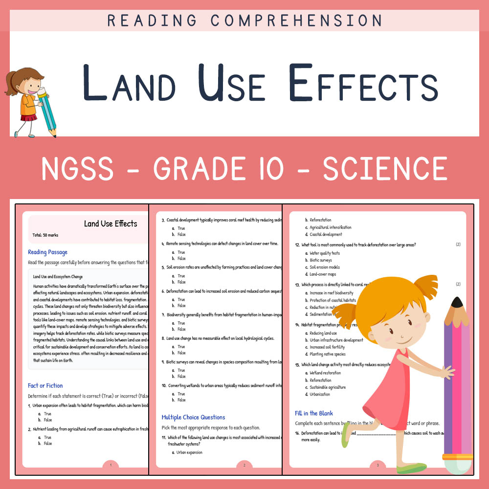 Grade 10 Science worksheet worksheet — Grade 10 Science | Land Use Effects Worksheet & Answer Key – NGSS Aligned — page 1