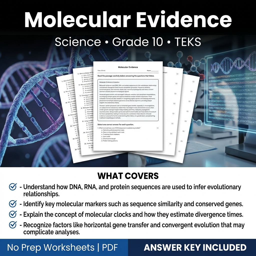 Molecular Evidence Worksheet for Grade 10 Science | TEKS