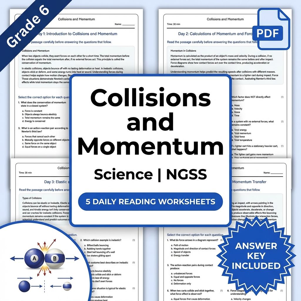 Grade 6 Science daily reading worksheet — 6th Grade Science | Collisions & Momentum Reading Worksheet (PDF + Answer Key)