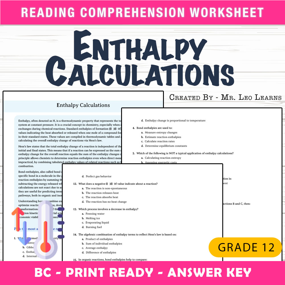 Grade 12 Science worksheet mcq paper worksheet — Grade 12 Science — Enthalpy Calculations Worksheet MCQ Paper — page 1