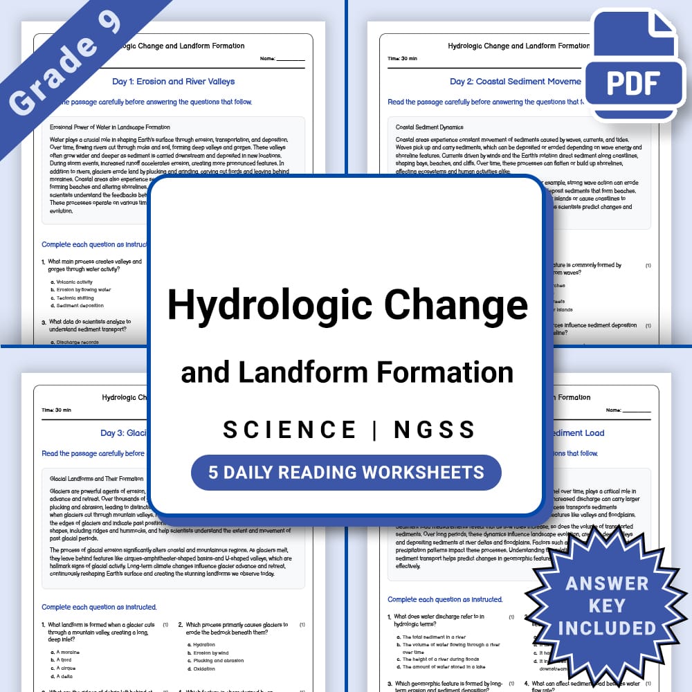 Grade 9 Science daily reading worksheet worksheet — Grade 9 Science – Hydrologic Change Landforms Worksheet(PDF + Answer K…