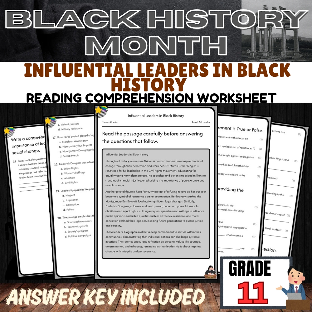 Grade 11 Black History Month Worksheet for Influential Leaders| PDF + Answer Key