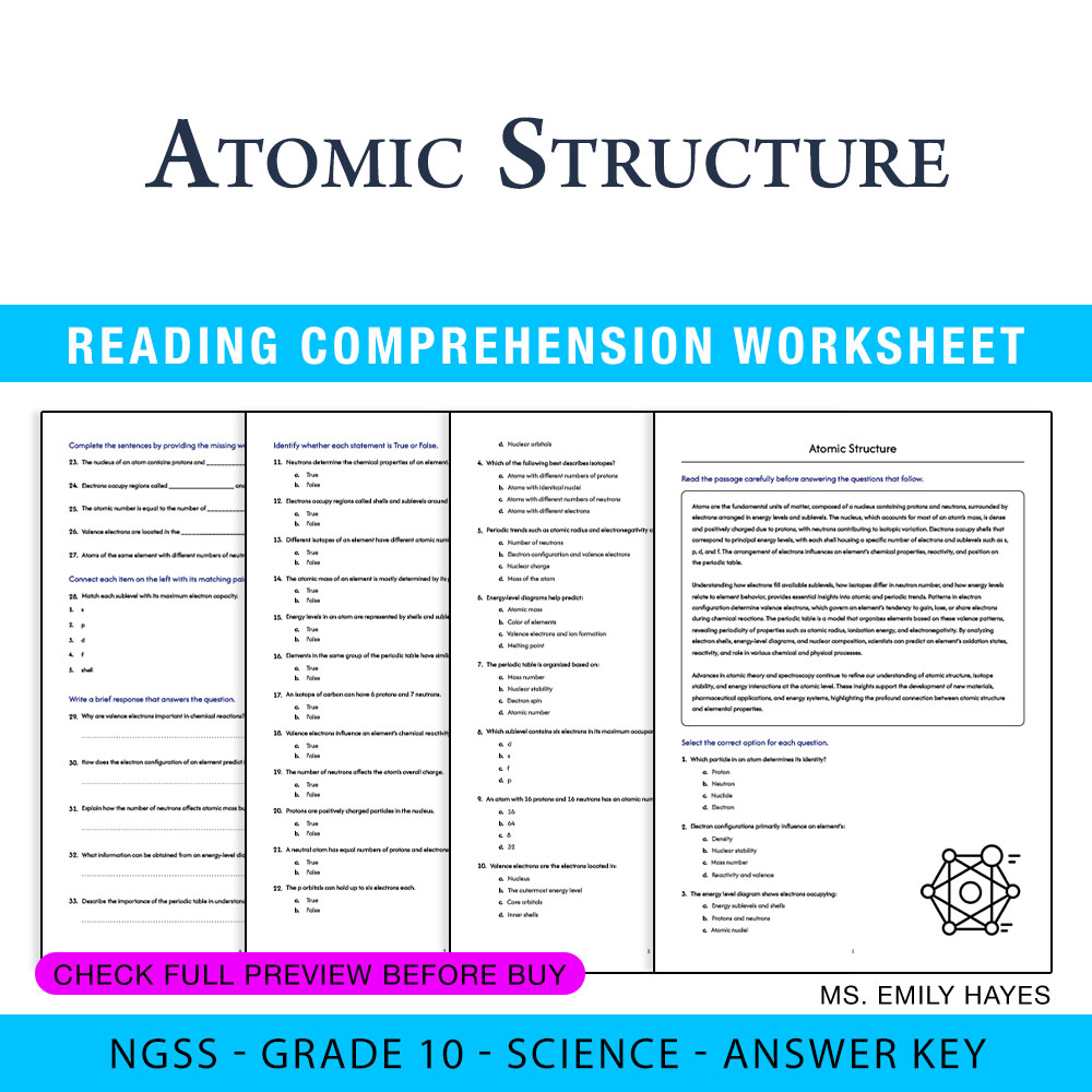 Grade 10 Science worksheet worksheet — 10th Grade Science | Atomic Structure Worksheet (PDF+ Answer Key) — page 1