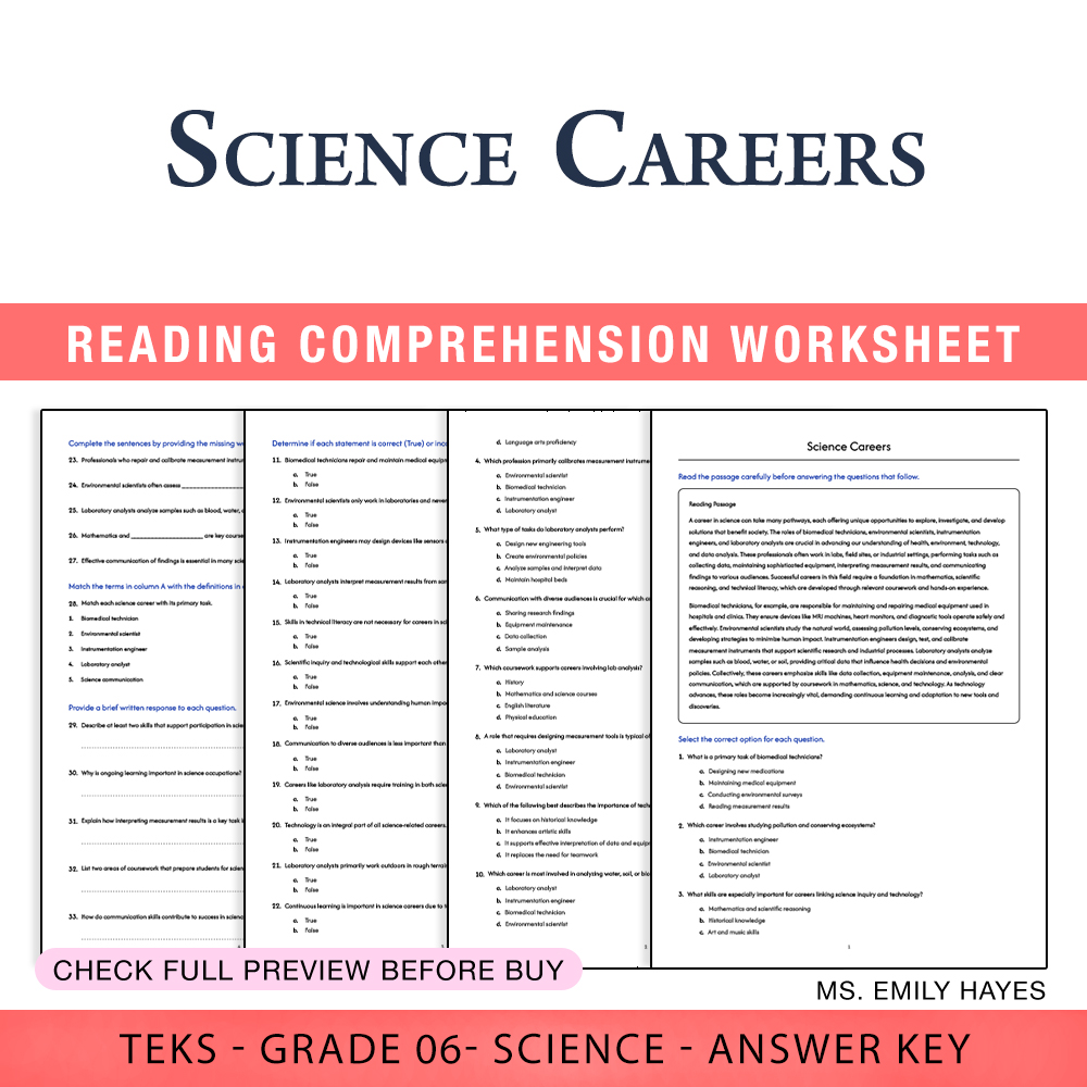 Grade 6 Science worksheet worksheet — 6th Grade Science | Careers in Science Worksheet (PDF+ Answer Key) — page 1