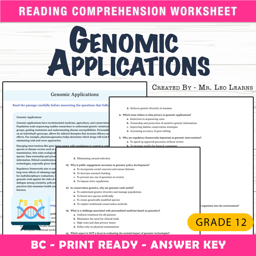 Grade 12 Science worksheet mcq paper worksheet — Grade 12 Science — Genomic Applications Worksheet MCQ Paper — page 1