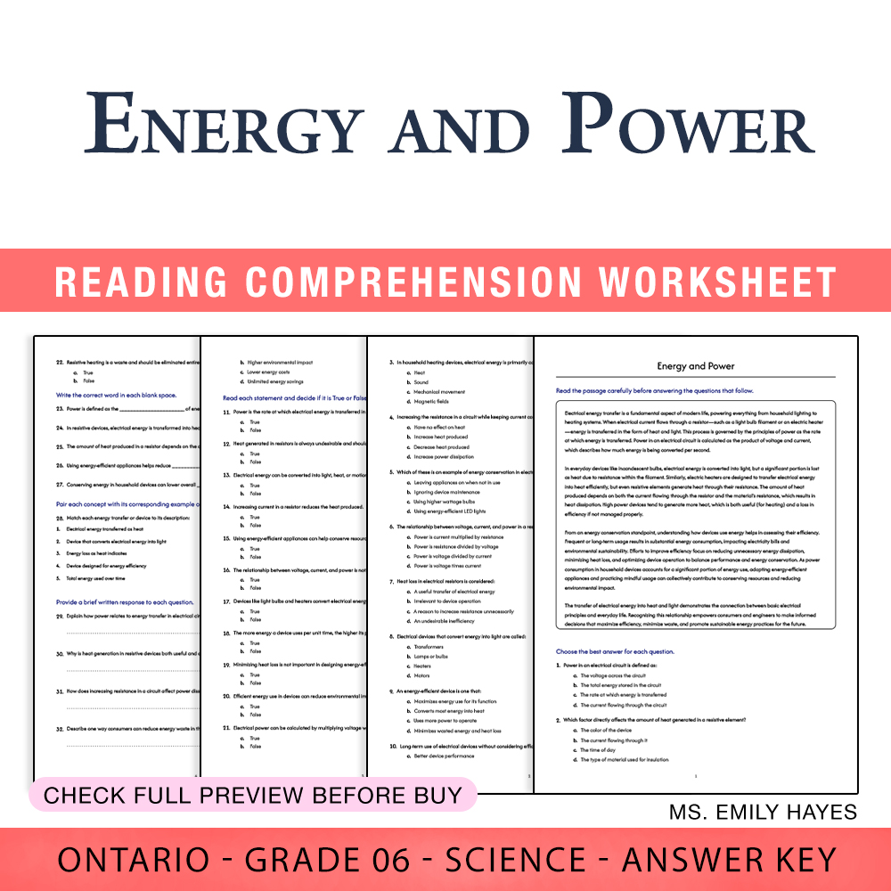 Grade 6 Science worksheet worksheet — 6th Grade Science | Energy and Power Worksheet (PDF + Answer Key) — page 1