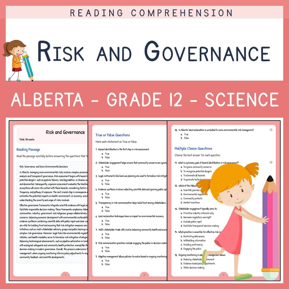 Grade 12 Science worksheet elena worksheet — Grade 12 Science | Risk and Governance Worksheet | Alberta Standards — page 1
