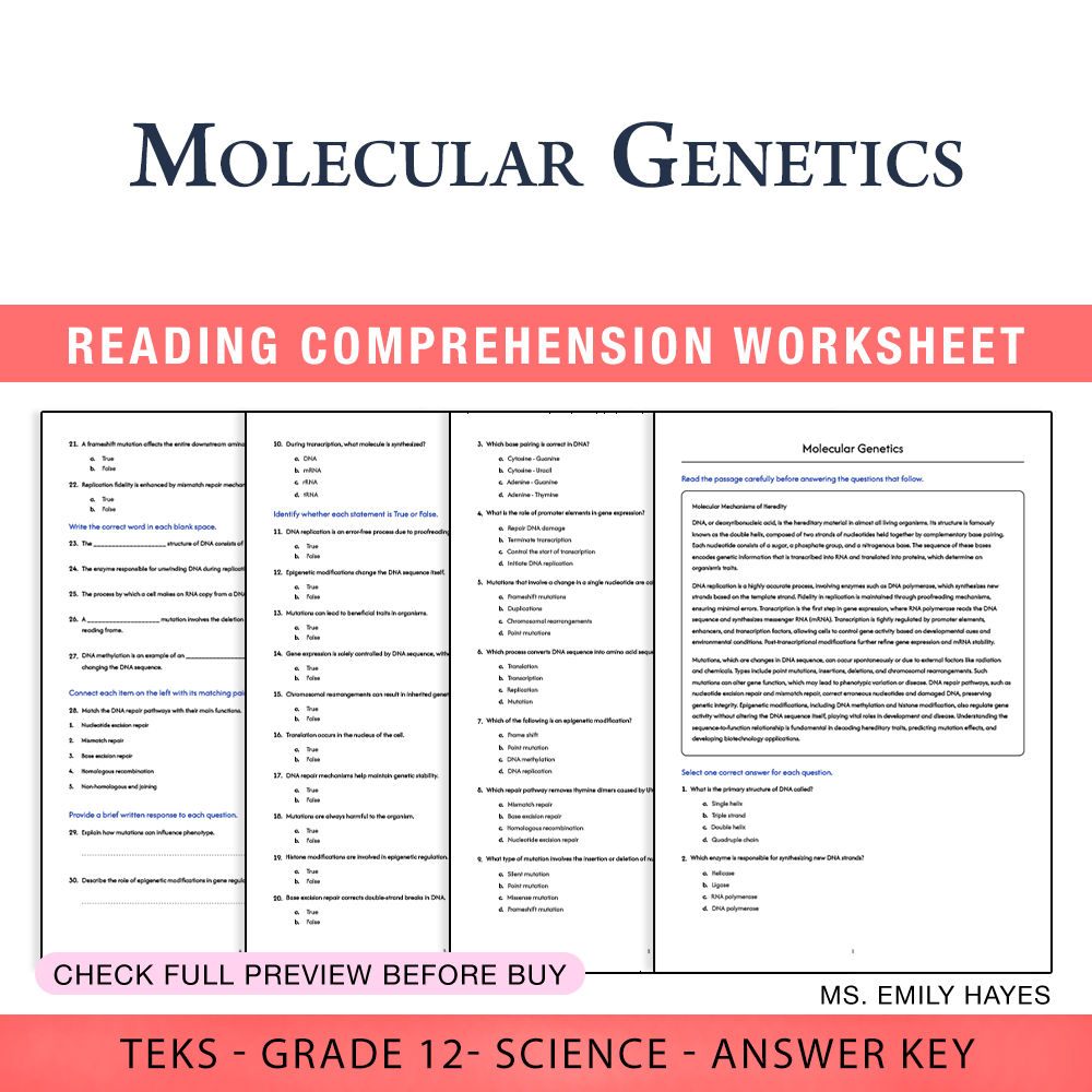 Grade 12 Science worksheet worksheet — Grade 12 Science | Molecular Genetics Worksheet (PDF+ Answer Key) — page 1