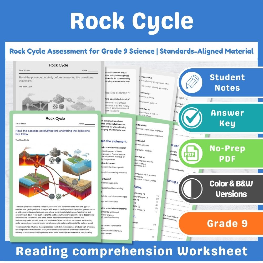 Grade 9 Science assessment worksheet — Rock Cycle Assessment for Grade 9 Science | Standards-Aligned Material — page 1