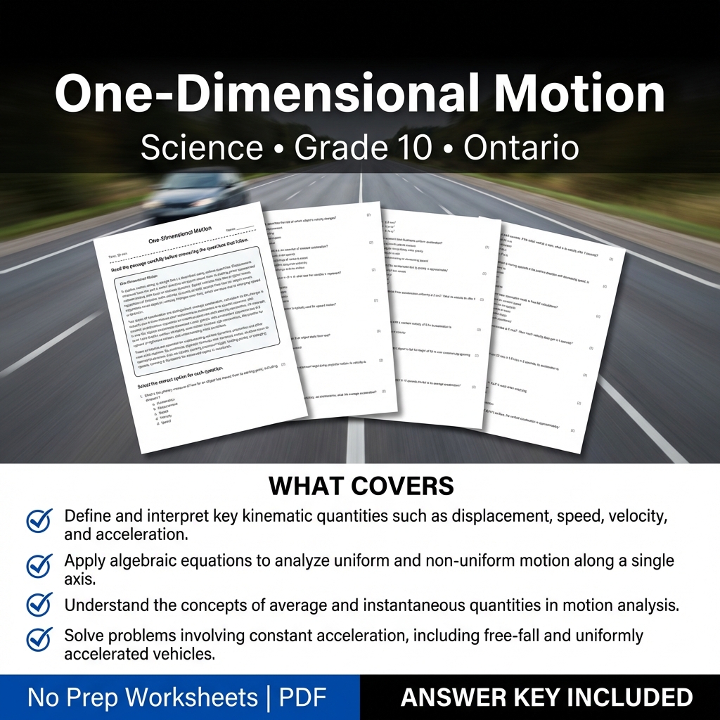 Grade 10 Science Worksheet on One-Dimensional Motion | Ontario Standards