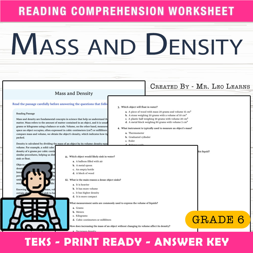 Grade 6 Science worksheet worksheet — Grade 6 Science – Mass and Density Worksheet for Mastery — page 1