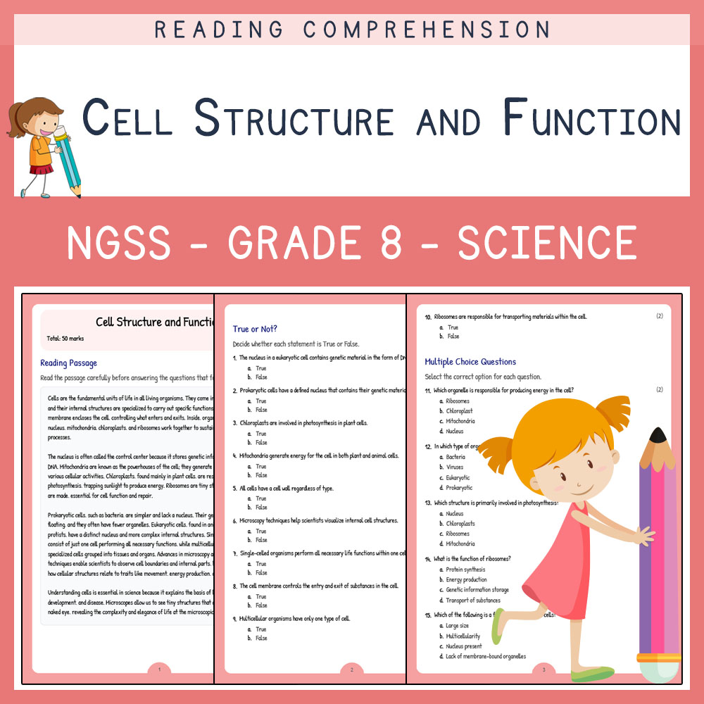 Grade 8 Science worksheet worksheet — Grade 8 Science | Cell Structure and Function Worksheet (PDF + Answer Key) — page 1