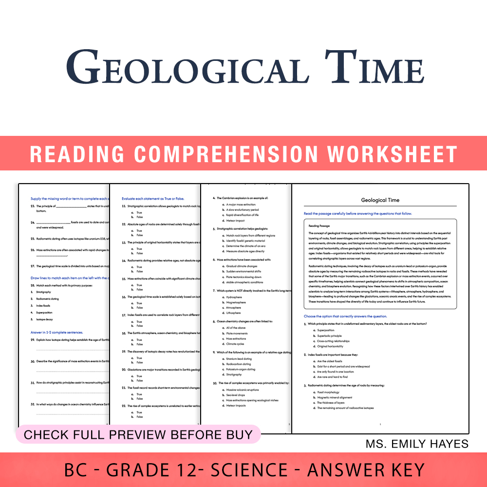 Grade 12 Science worksheet worksheet — 12th Grade Science | Geological Time Worksheet (PDF + Answer Key) — page 1