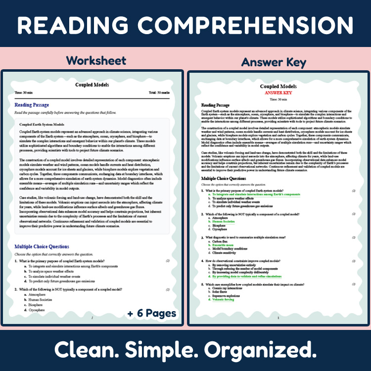 Grade 11 Science reading worksheets worksheet — 11th Grade Science | Coupled Earth System Models Reading  (PDF + Answer Ke…