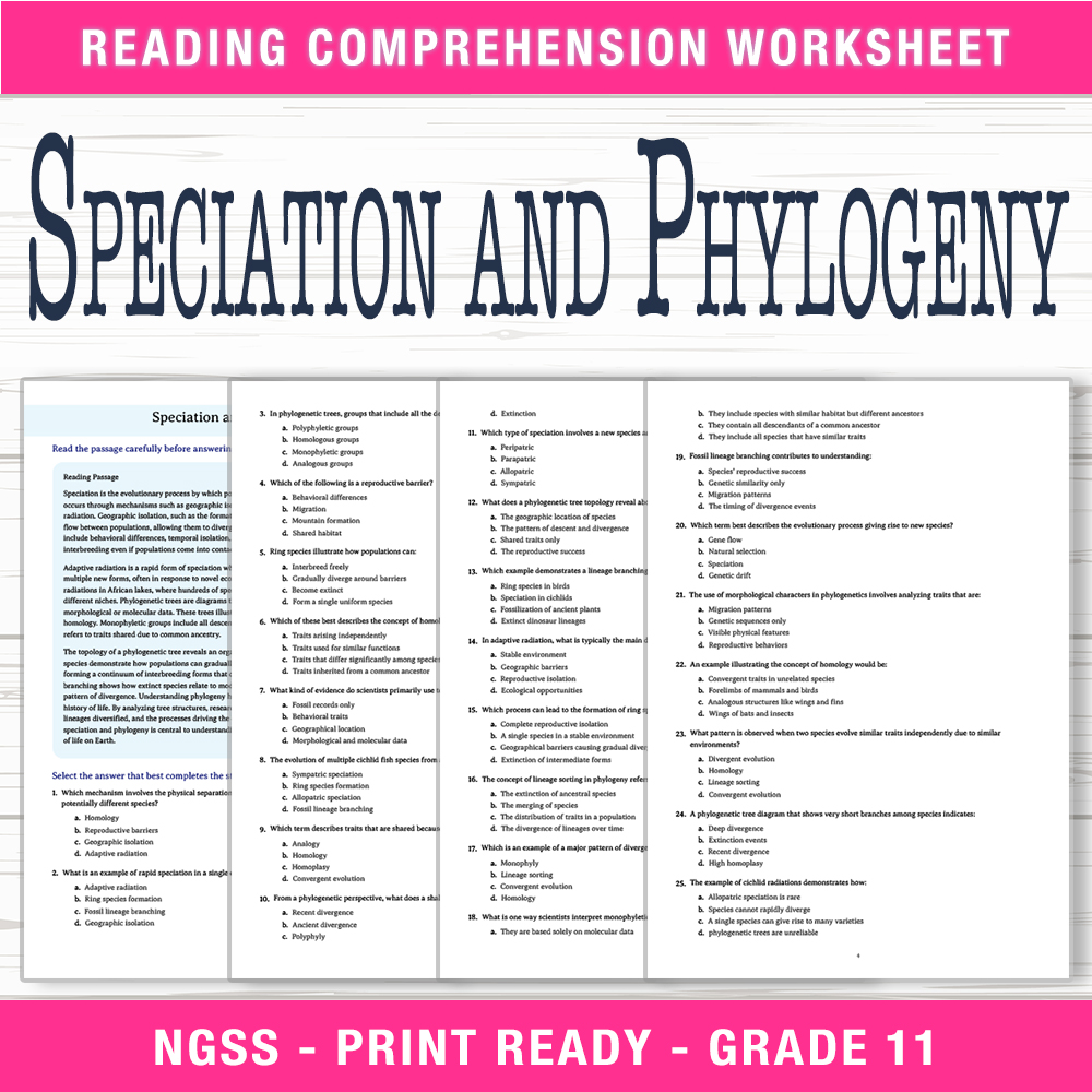 Grade 11 Science worksheet worksheet — 11th Grade Science | Speciation & Phylogeny Worksheet (PDF + Answer Key) — page 1