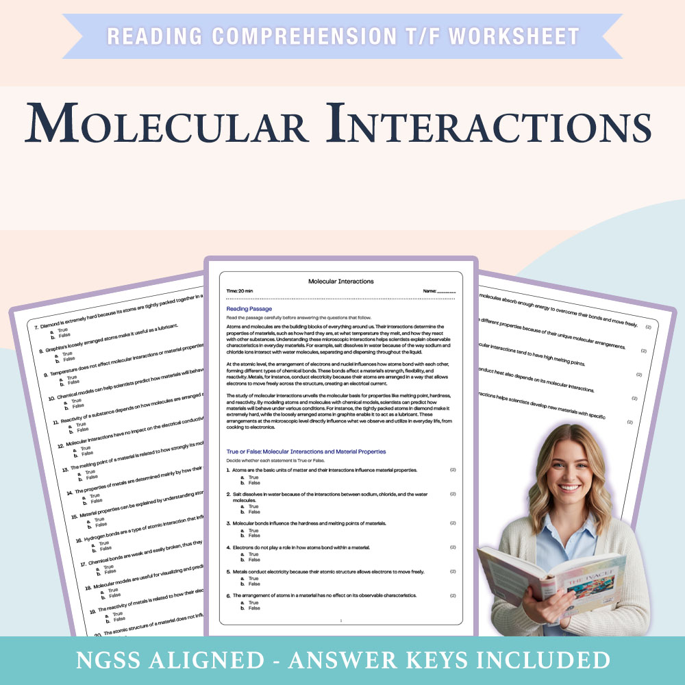 Science reading comprehensions true or false worksheet worksheet — 6th Grade Science |Molecular Interactions True/False Wo…
