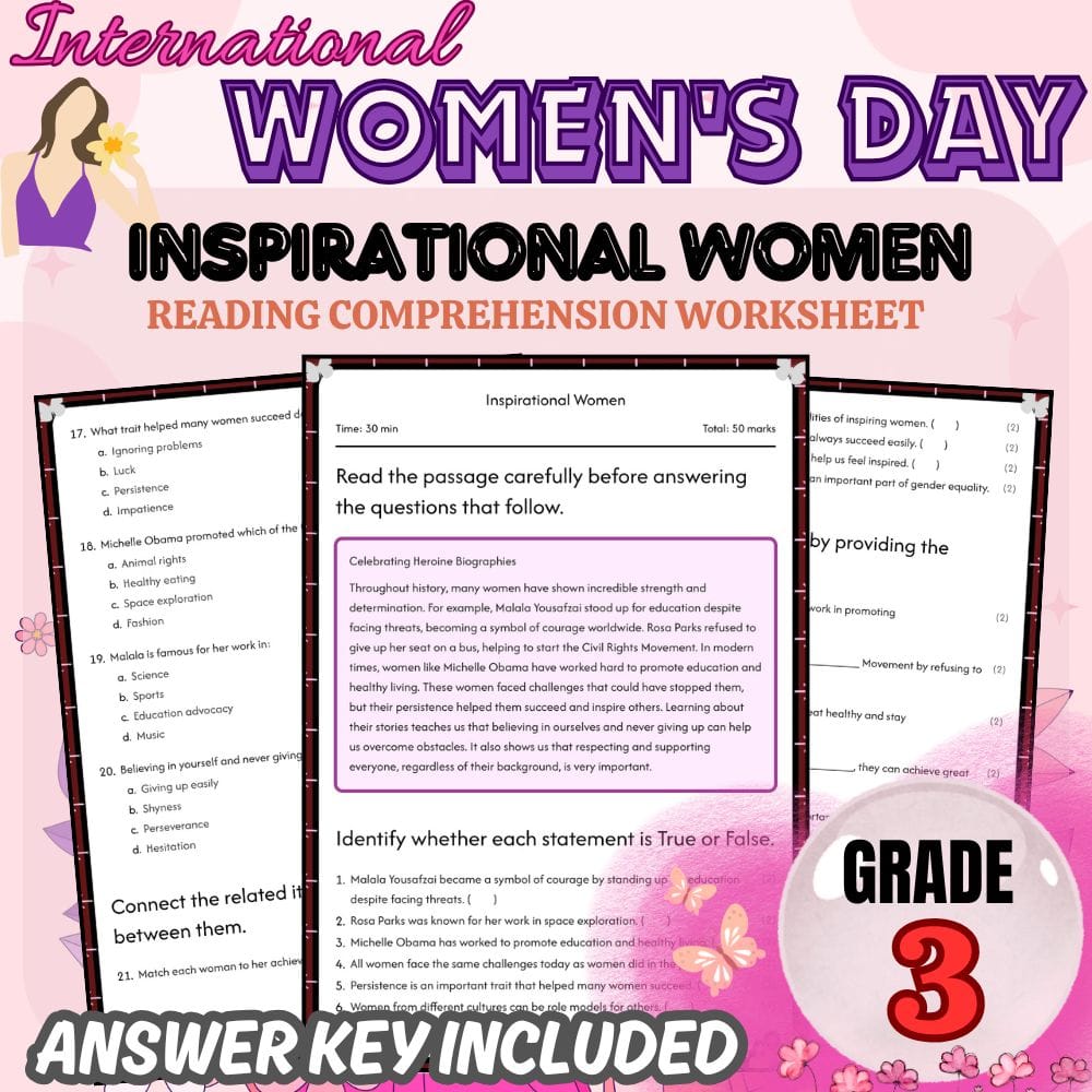 Grade 3 International Women's Day Lesson Bundle for Gender Equality Holiday — included worksheet 3