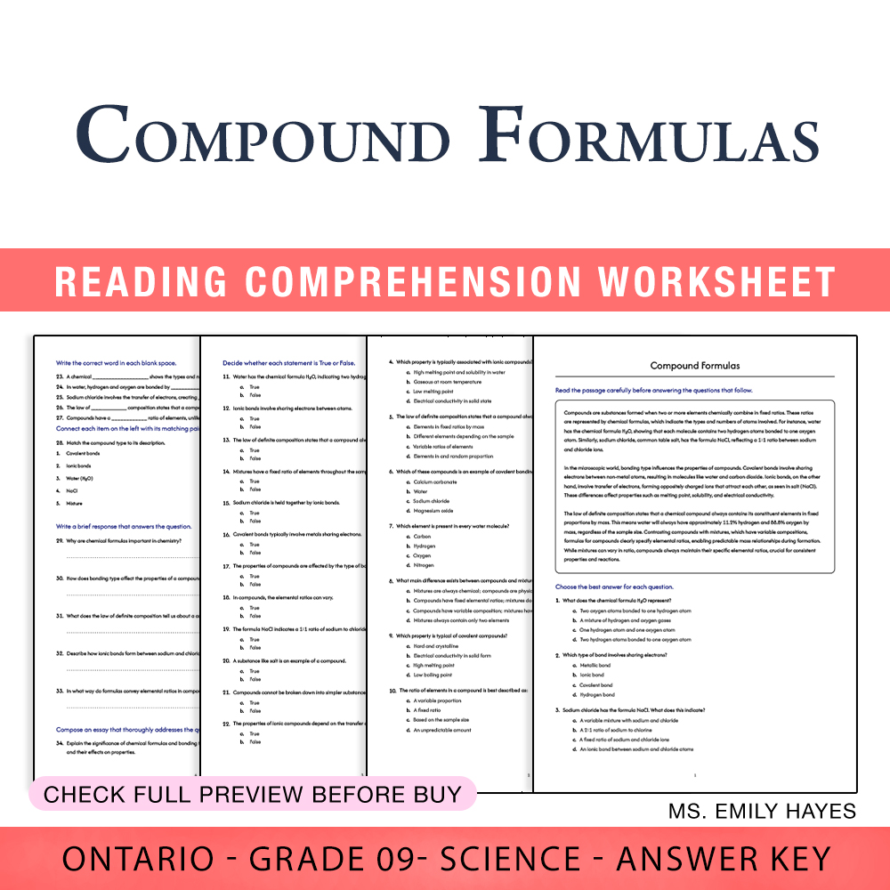 Grade 9 Science worksheet worksheet — 9th Grade Science | Compound Formulas Worksheet (PDF + Answer Key) — page 1