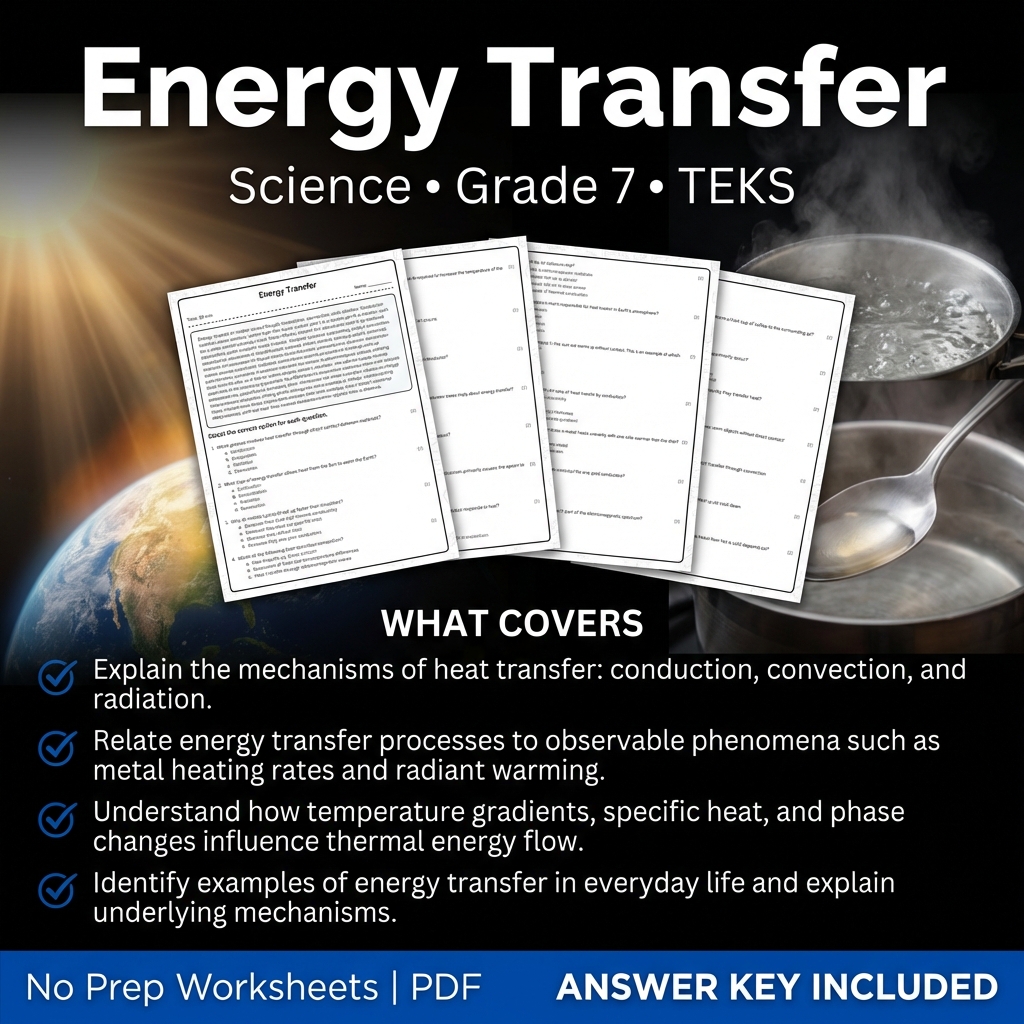Grade 7 Science Worksheet on Energy Transfer | TEKS Aligned