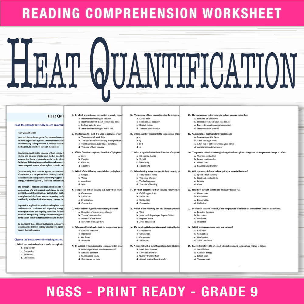 Grade 9 Science worksheet worksheet — Grade 9 Science – Heat Quantification Worksheet (PDF + Answer Key) — page 1