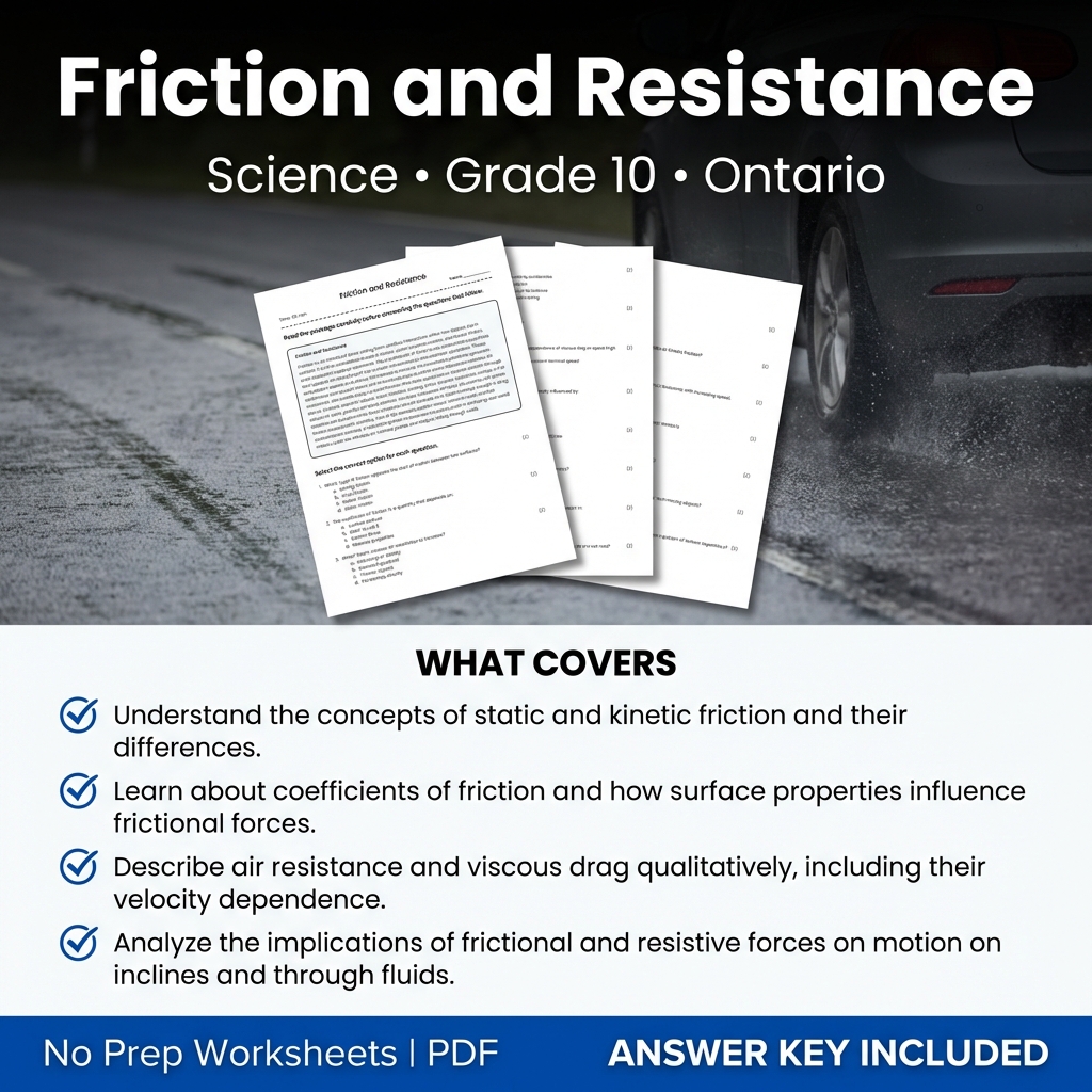 Friction and Resistance Worksheet for Grade 10 Science – Ontario Standards