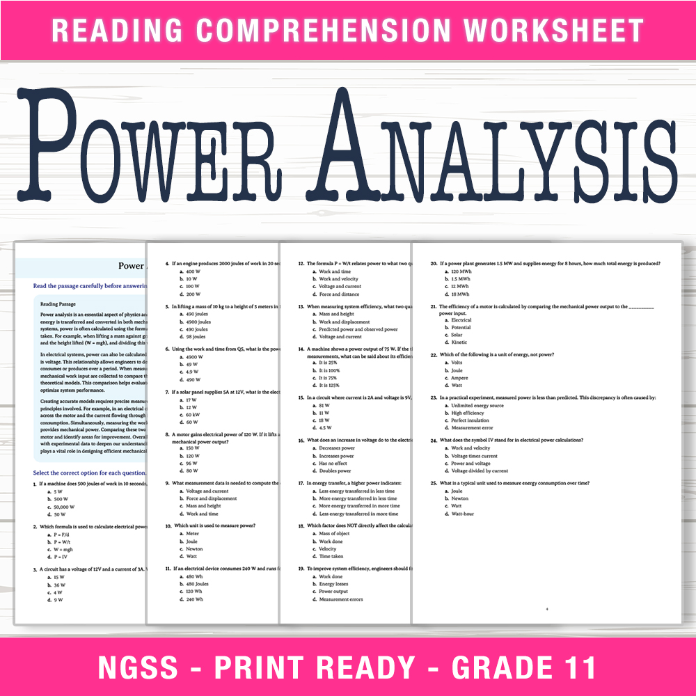 Grade 11 Science worksheet worksheet — Grade 11 Science | Power Analysis Worksheet (PDF + Answer Key) — page 1