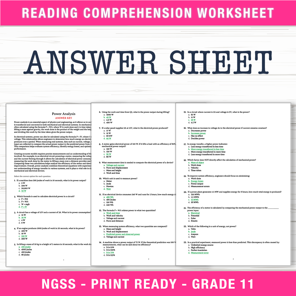 Grade 11 Science worksheet worksheet — Grade 11 Science | Power Analysis Worksheet (PDF + Answer Key) — page 2