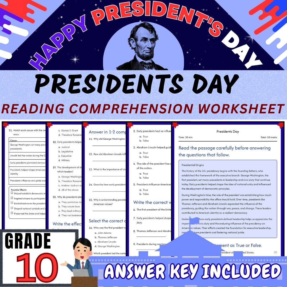 Grade 10 | Presidents Day Worksheet for Mastering U.S. History |PDF + Answer Key
