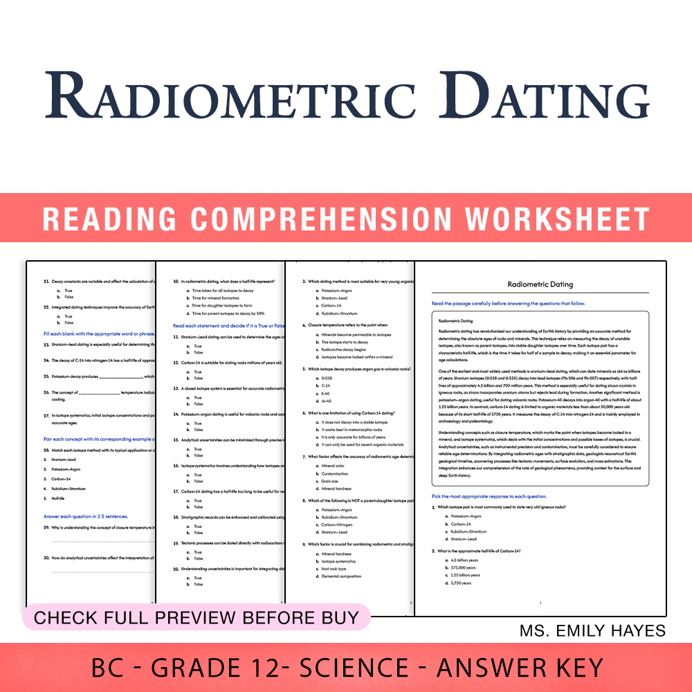 Grade 12 Science worksheet worksheet — 12th Grade Science | Radiometric Dating Worksheet (PDF + Answer Key) — page 1
