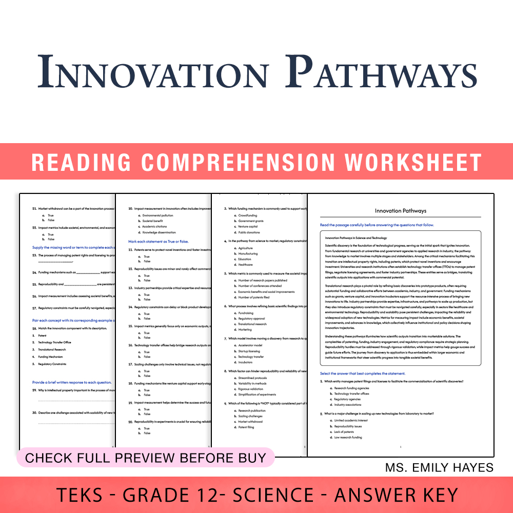 Grade 12 Science worksheet worksheet — Grade 12 Science | Innovation Pathways Worksheet (PDF+ Answer Key) — page 1