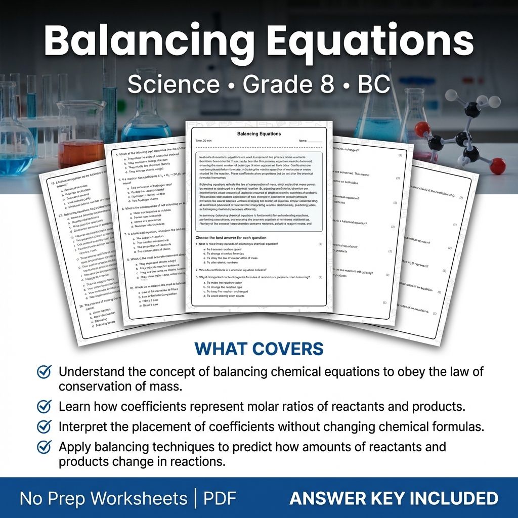 8th Grade Science Worksheet | Balancing Equations Practice PDF & Answer Key
