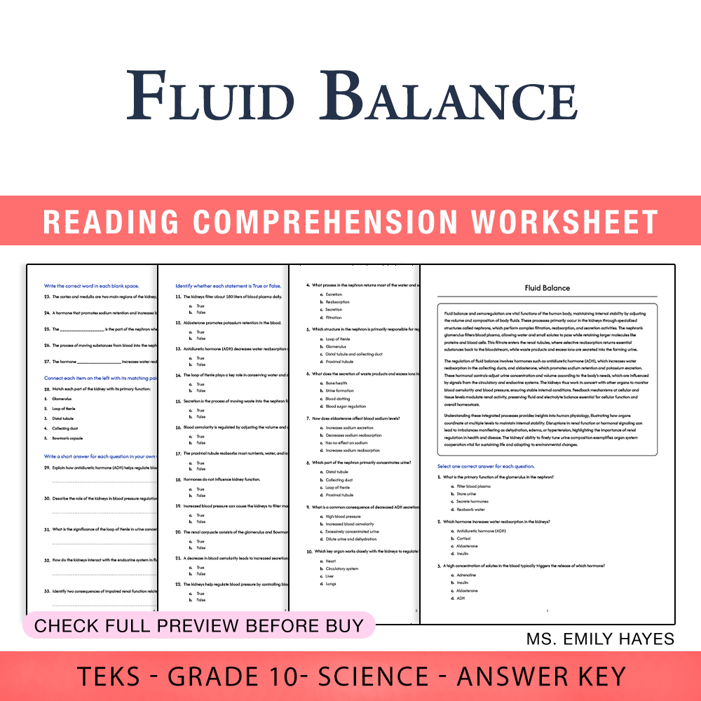 Grade 10 Science worksheet worksheet — 10th Grade Science | Fluid Balance Worksheet (PDF+ Answer Key) — page 1