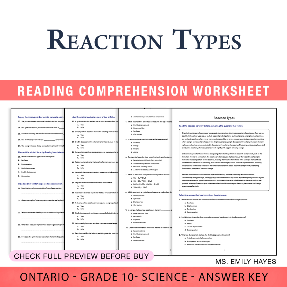 Grade 10 Science worksheet worksheet — Grade 10 Science | Reaction Types Worksheet (PDF + Answer Key) — page 1