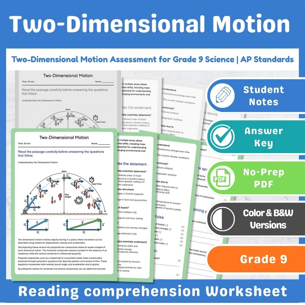 Grade 9 Science assessment worksheet — Two-Dimensional Motion Assessment for Grade 9 Science | AP Standards — page 1