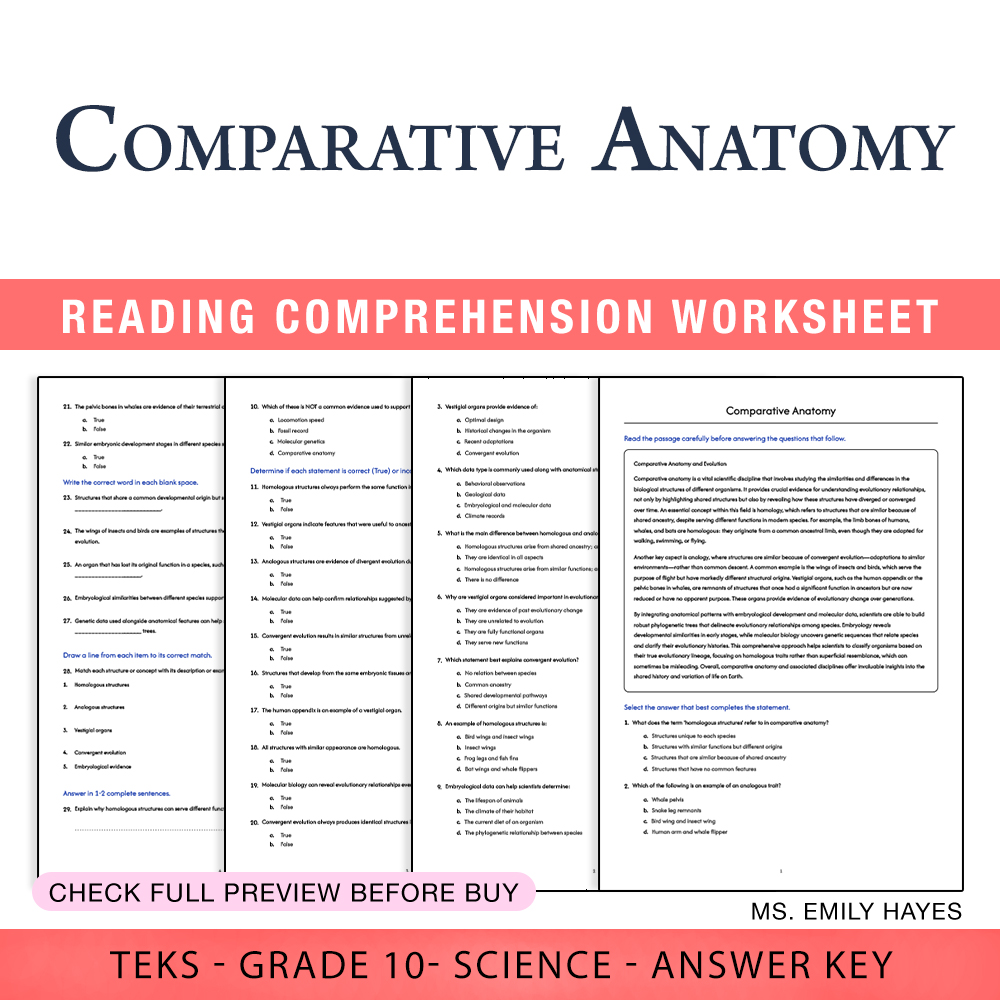 Grade 10 Science worksheet worksheet — 10th Grade Science | Comparative Anatomy Worksheet (PDF+ Answer Key) — page 1