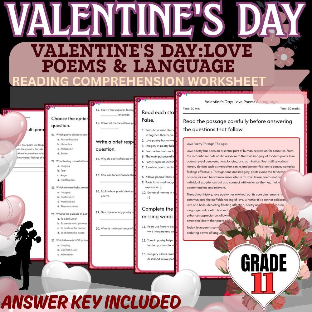 Grade 11 Holiday Unit | Valentine’s Day Worksheets  (Answer Keys Included) — included worksheet 3