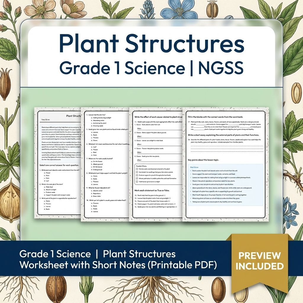 Grade 1 Science | Plant Structures Worksheet with Short Notes (Printable PDF)