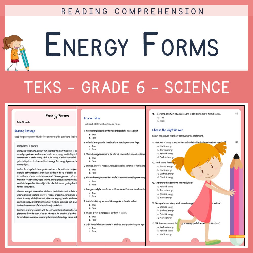 Grade 6 Science worksheet elena worksheet — Grade 6 Science | Energy Forms Worksheet | TEKS-Aligned — page 1