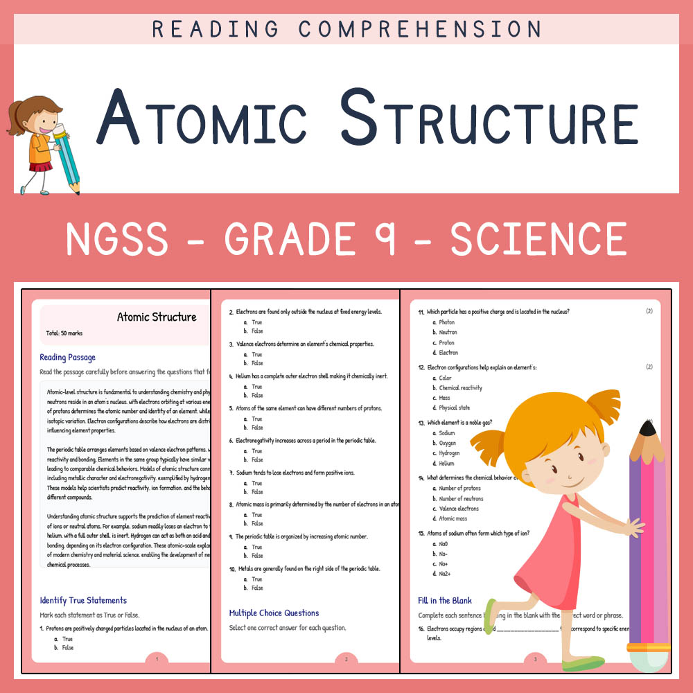 Grade 9 Science worksheet worksheet — Grade 9 Science | Atomic Structure Worksheet (PDF + Answer Key) – NGSS Aligned — page 1